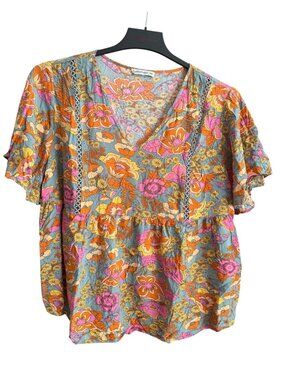 Rusttydustty Womens 3XL Floral Boho 70's Mod V-Neck Blouse Lightweight Fabric